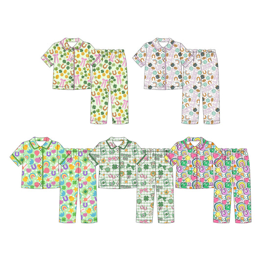 (Custom Design Preorder MOQ 5 Each)Lucky Rainbow Print Girls St Patrick Day Buttons Pajamas Clothes Set Sisters Wear