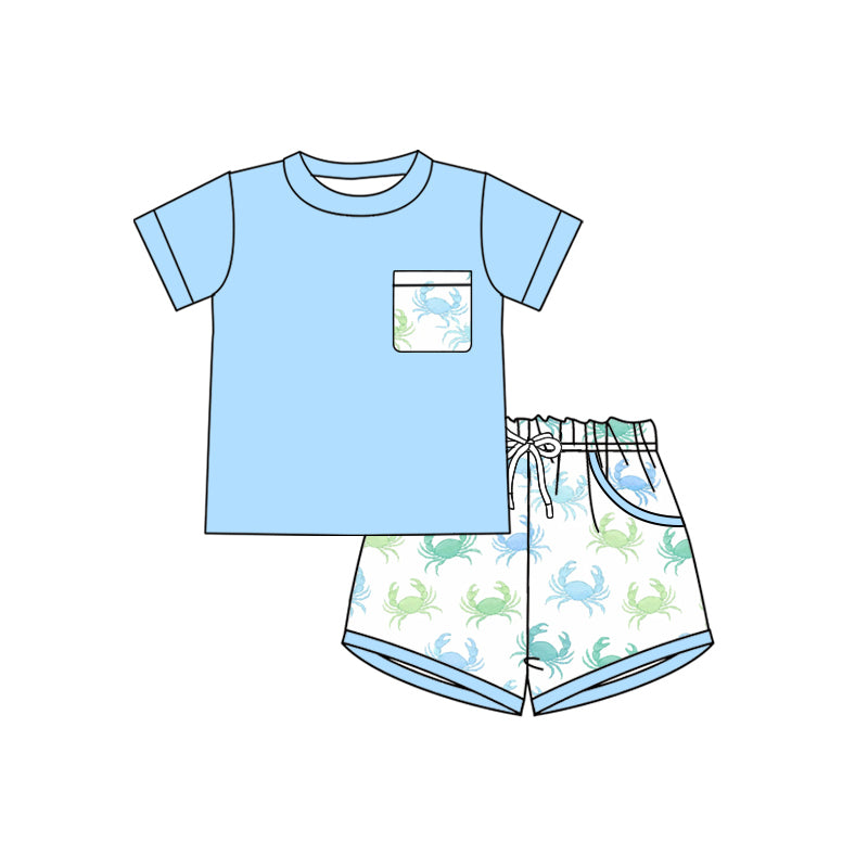 (Custom Design Preorder MOQ 5) Blue Pocket Top Crab Shorts Boys Summer Clothes Set