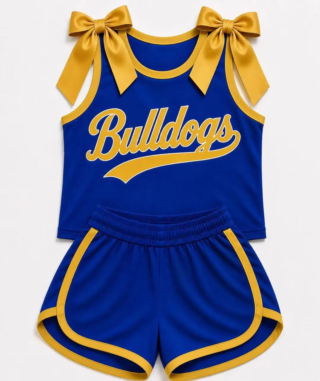 (Custom Design Preorder MOQ 5) Girls Yellow Bow Blue Strap Bulldogs Tank & Shorts Sport Team Outfit