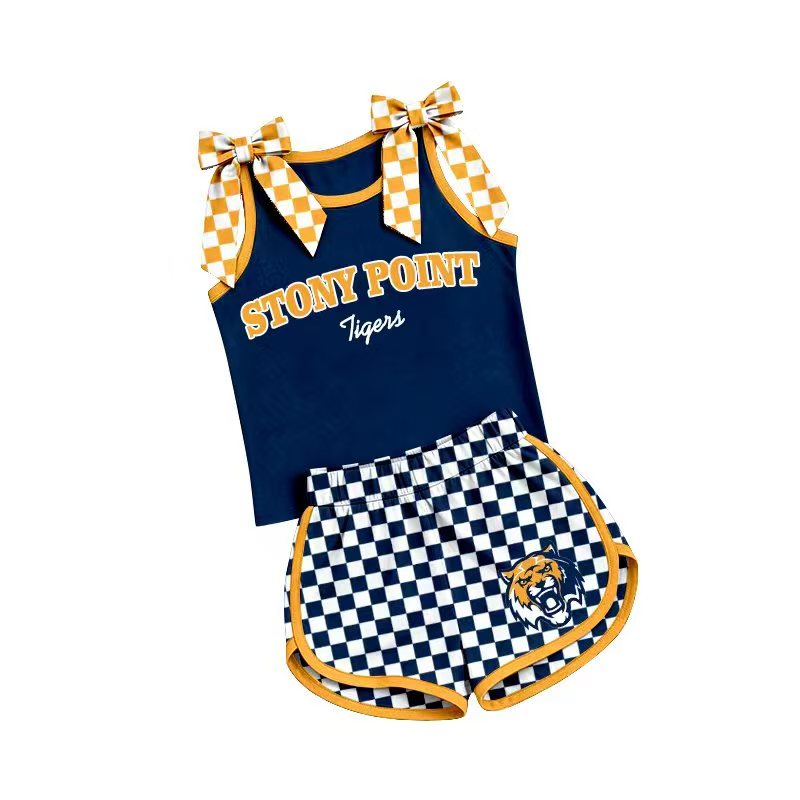 (Custom Design Preorder MOQ 5) Girls Christopher Bow Strap Tank & Navy Checked Shorts Sport Team Outfit