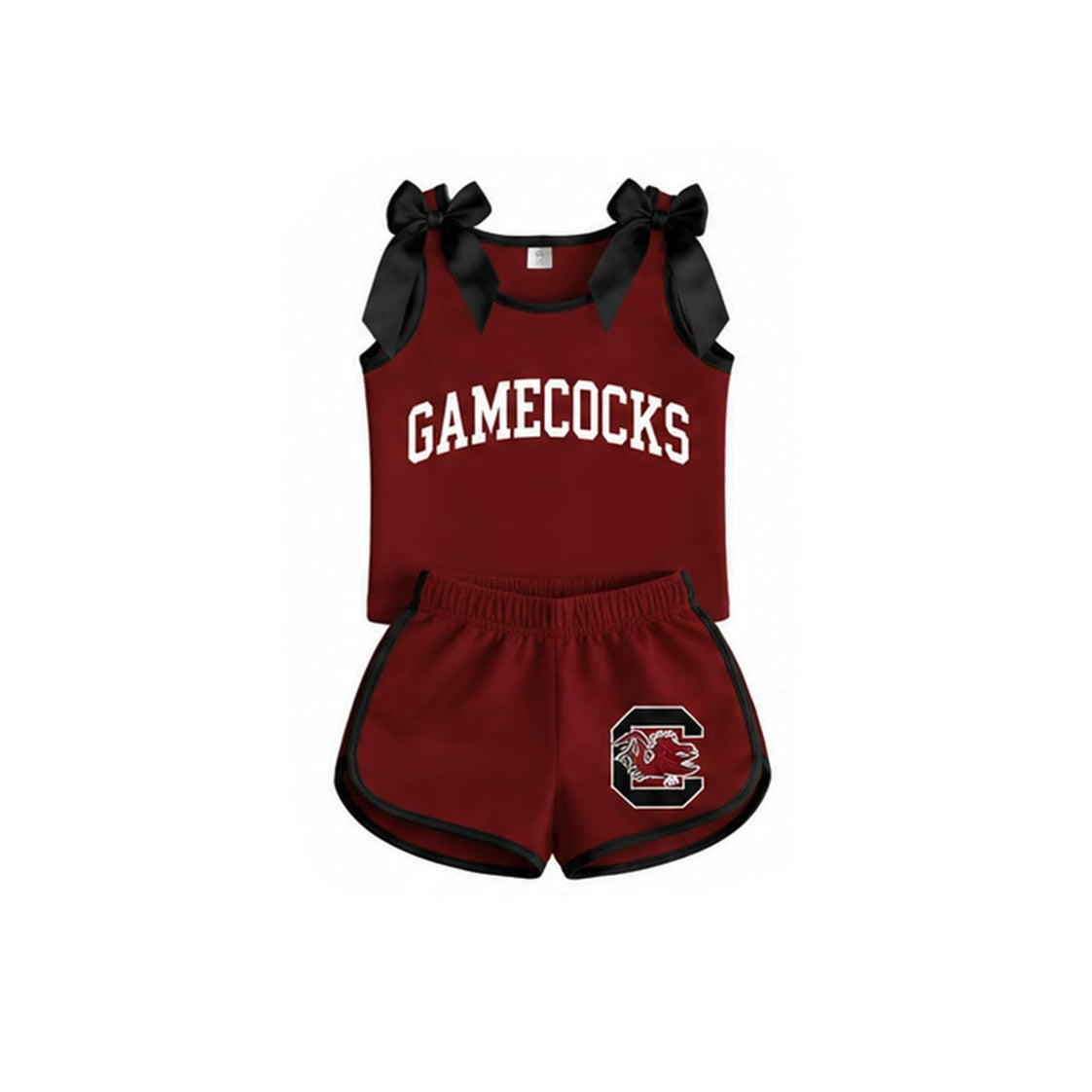 (Custom Design Preorder MOQ 5) Girls Gamecocks Black Bow Dark Red Strap Tank & Shorts 2 Piece Outfit