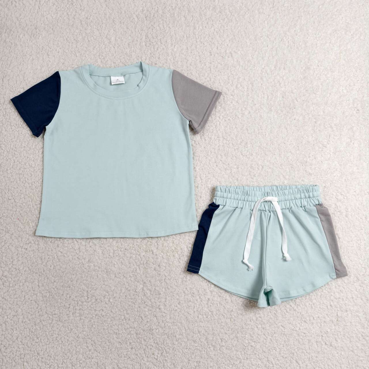 BSSO2013 Baby Boys Blue Patchwork Short Sleeve Shirt Top Shorts Cotton Clothes Set