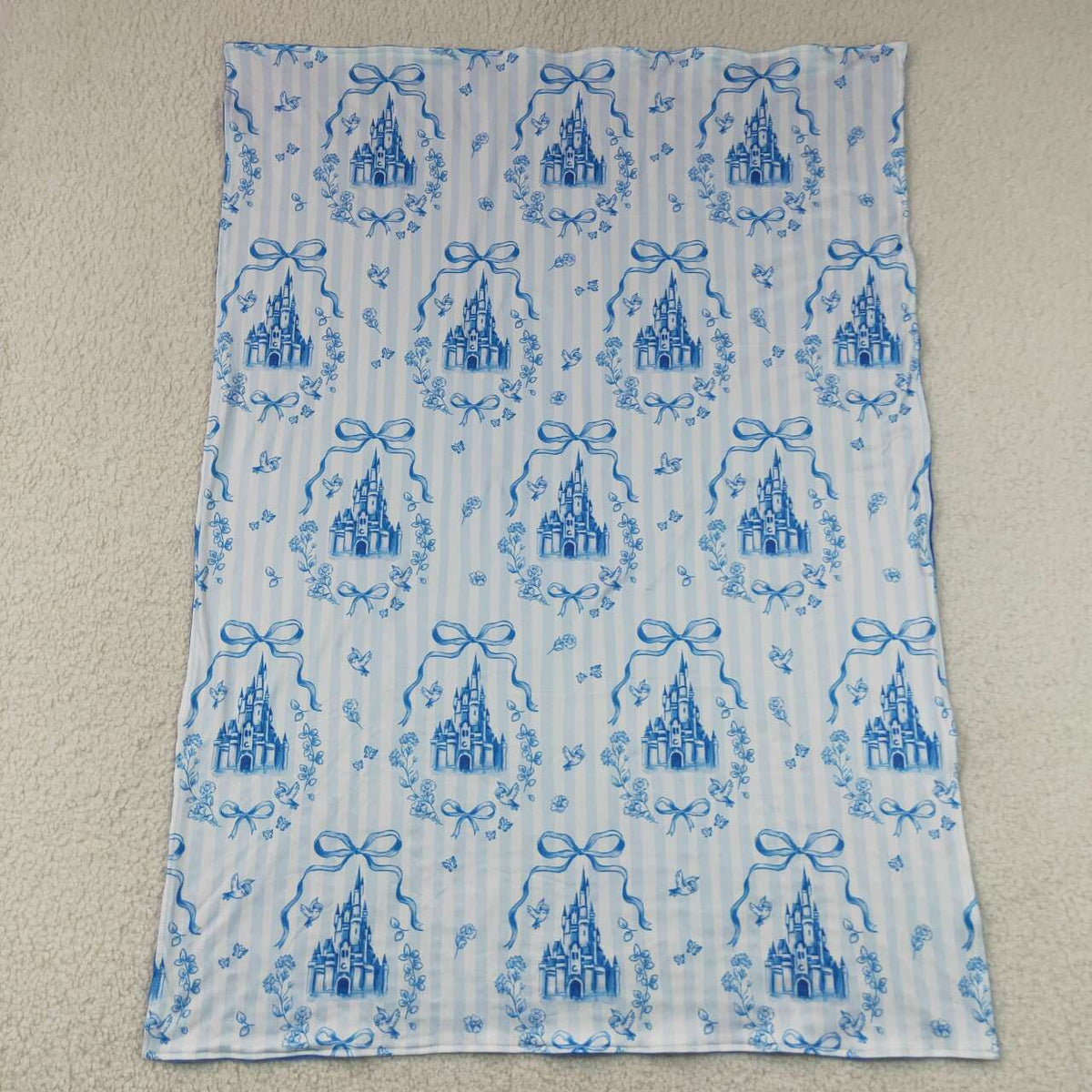 BL0247 Castle Flowers Stripes Blue Print Baby Girls Blanket