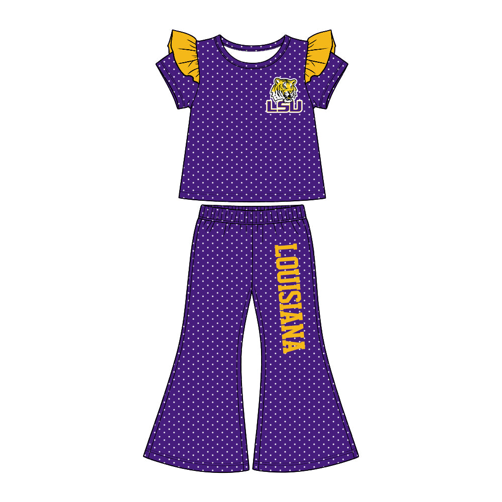 (Custom Design Preorder MOQ 5) Teams LOUISIANA Dots Top Bell Pants Girls Clothes Set