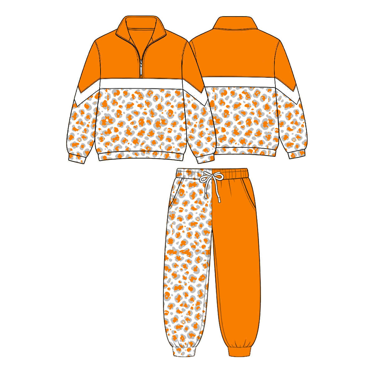 (Custom Design Preorder MOQ 5 Each)Teams Leopard Print Long Sleeve Zipper Top Split Pants Girls Clothes Set Sisters Wear