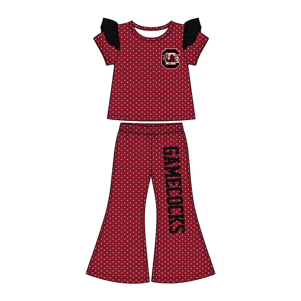 (Custom Design Preorder MOQ 5) Teams GAMECOCKS Dots Top Bell Pants Girls Clothes Set