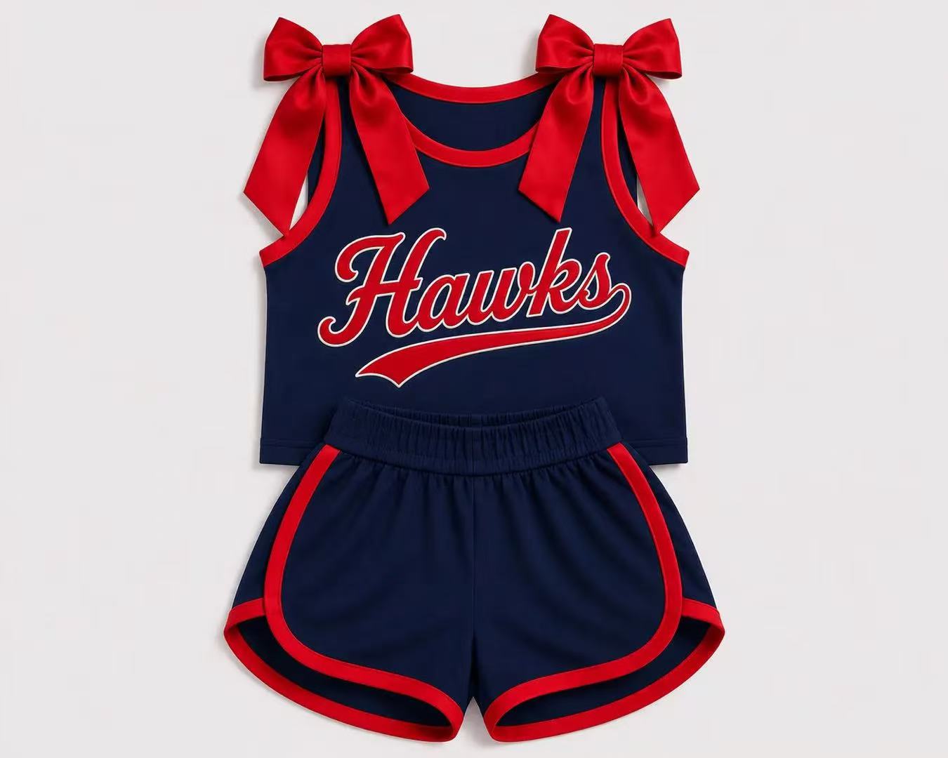 (Custom Design Preorder MOQ 5) Girls Bow Strap Hawks Tank & Shorts Sport Team Outfit