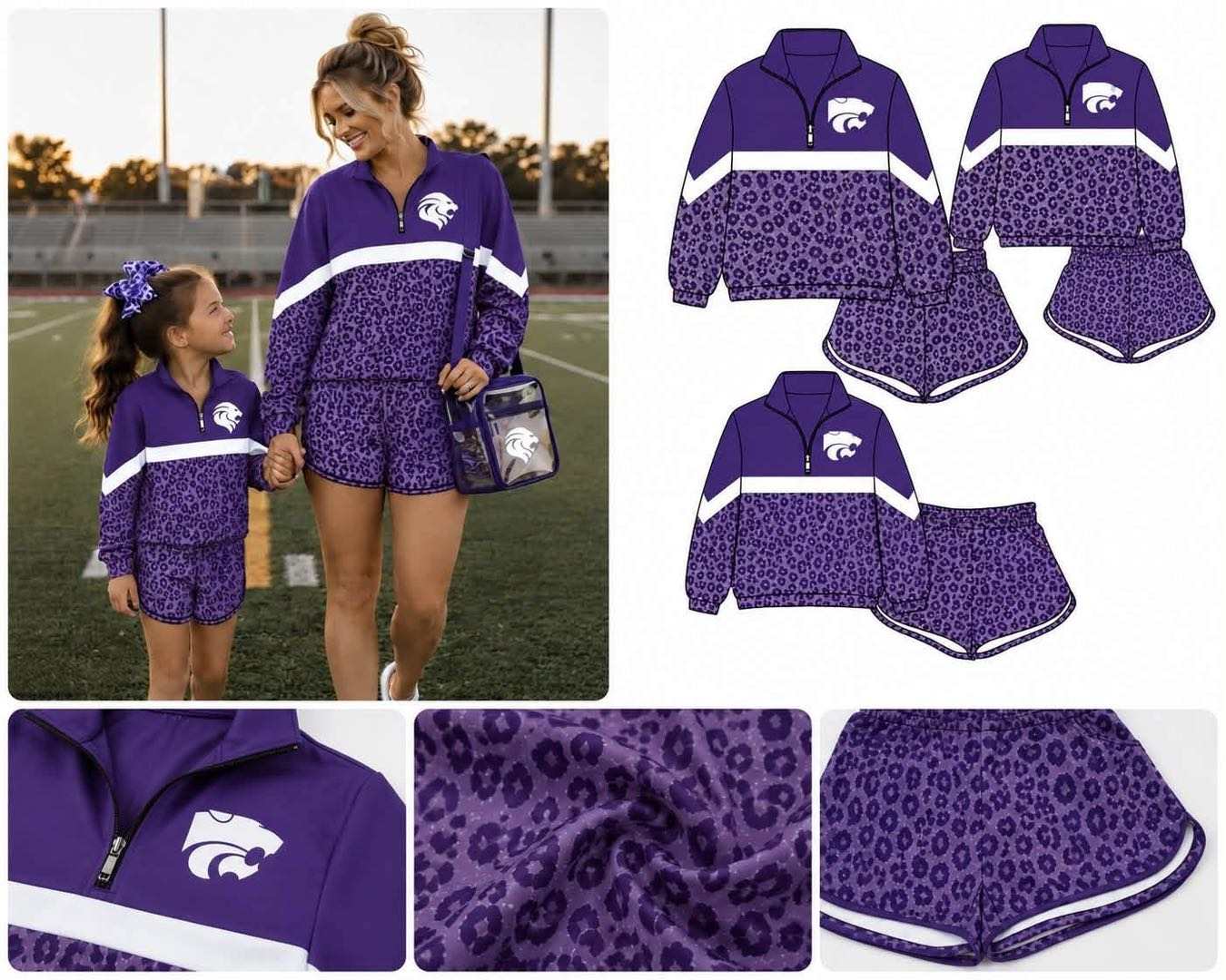 (Custom Design Preorder MOQ 5) Teams Kansas State Wildcats Purple Leopard Leopard Long Sleeve Zipper Top Shorts Mommy and Me Outfits