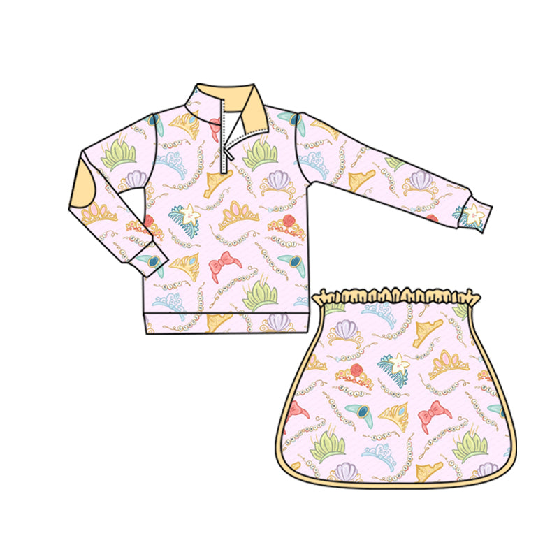 (Custom Design Preorder MOQ 5) Cartoon Princess Crown Zipper Pullover Top Skort Girls Clothes Set