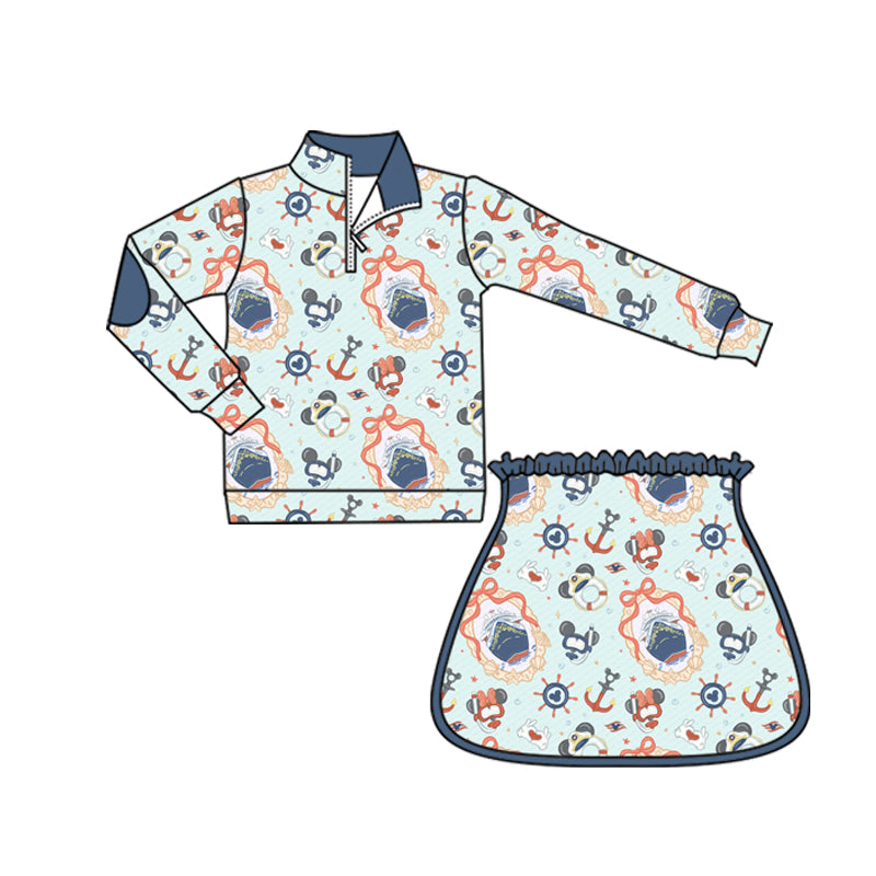 (Custom Design Preorder MOQ 5) Cartoon Princess Boat Bows Zipper Pullover Top Skort Girls Clothes Set