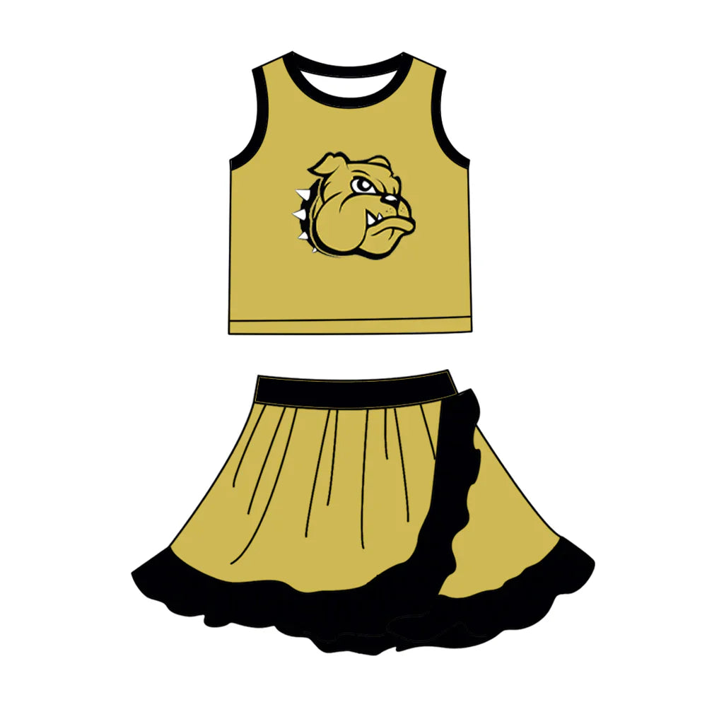 (Custom Preorder MOQ 5) Baby Girls Gold Bulldogs Vest Top Ruffle Skirt Short Team Clothes Sets