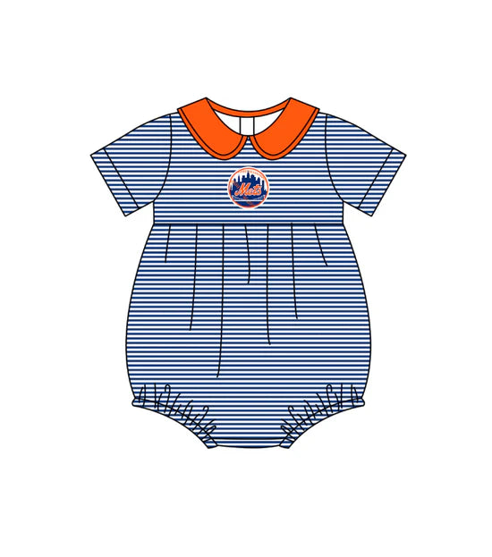 (Custom Preorder MOQ 5) Baby Girls Short Sleeve New York Mets Stripe Team Ruffle Rompers