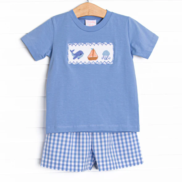 (Custom Design Preorder MOQ 5) Whale Boat Blue Top Plaid Shorts Boys Summer Outfits