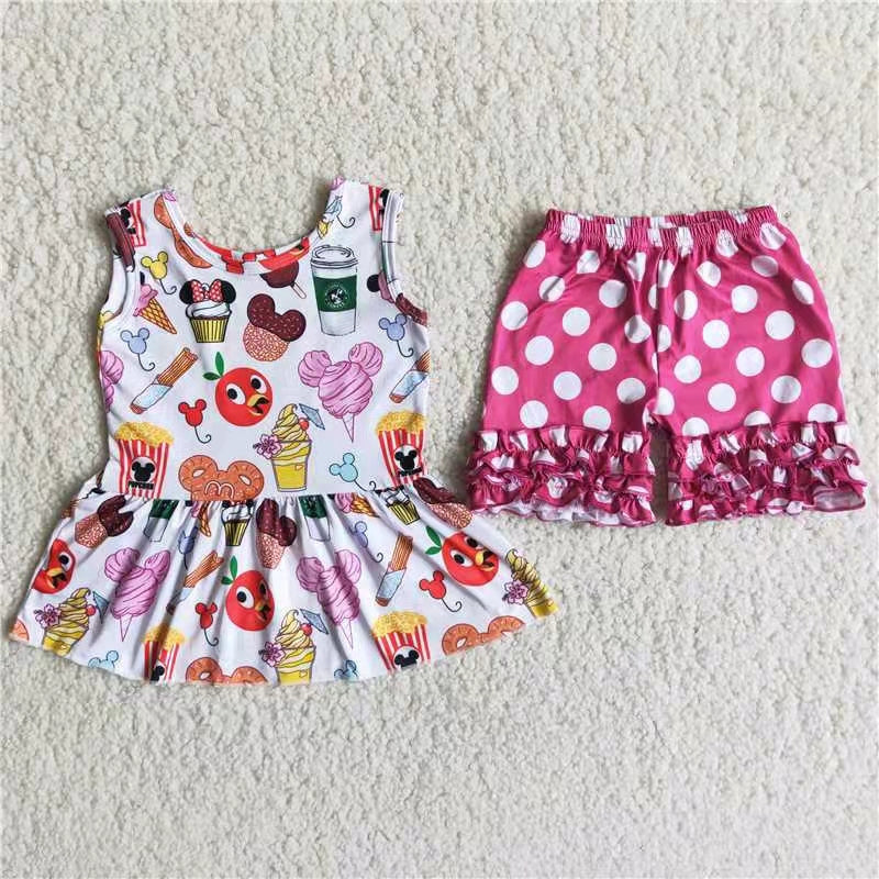(Promotion)Cartoon Mouse Food Sleeveless Top Dots Shorts Girls summer outfits C7-11