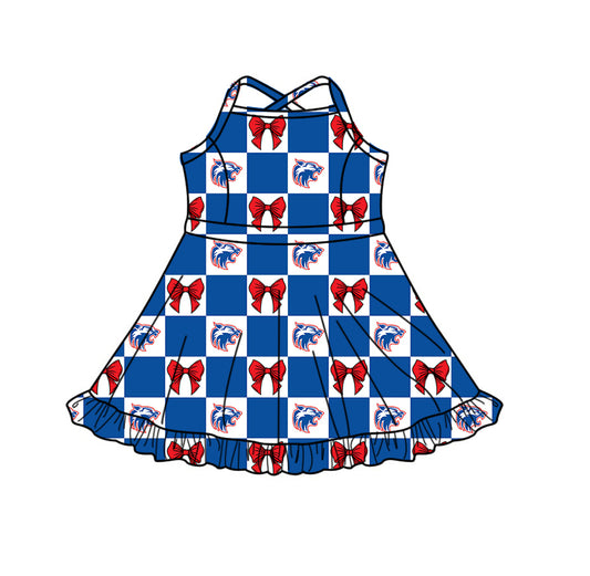 (Custom Design Preorder MOQ 5 Each Item) Teams Wildcat Bows Blue Plaid Print Kids Clothes Sibling & Family Matching Styles