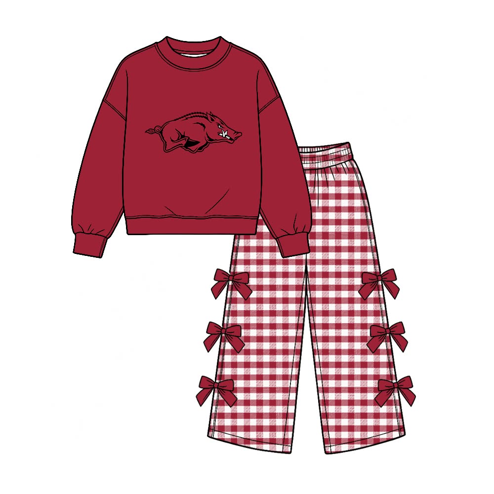 Preorder( 5 MOQ) Baby Girls Sport Team Arkansas Long Sleeve Top Gingham Pants Outfit