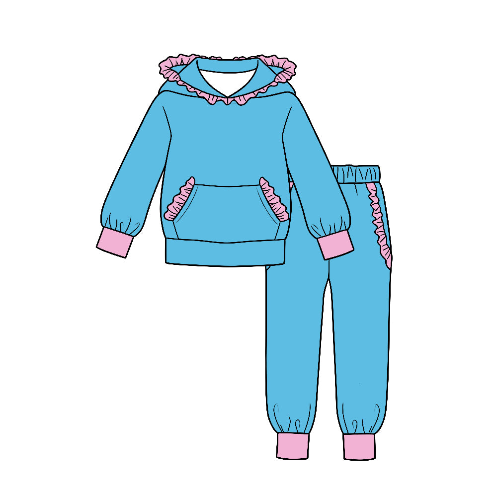 (Custom Design Preorder MOQ 5) Blue Cotton Pink Ruffles Hoodie Top Pockets Joggers Pants Girls Clothes Set