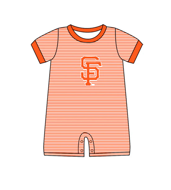 (Custom Preorder MOQ 5) Baby Boys Short Sleeve Orange Stripe SF Team Rompers