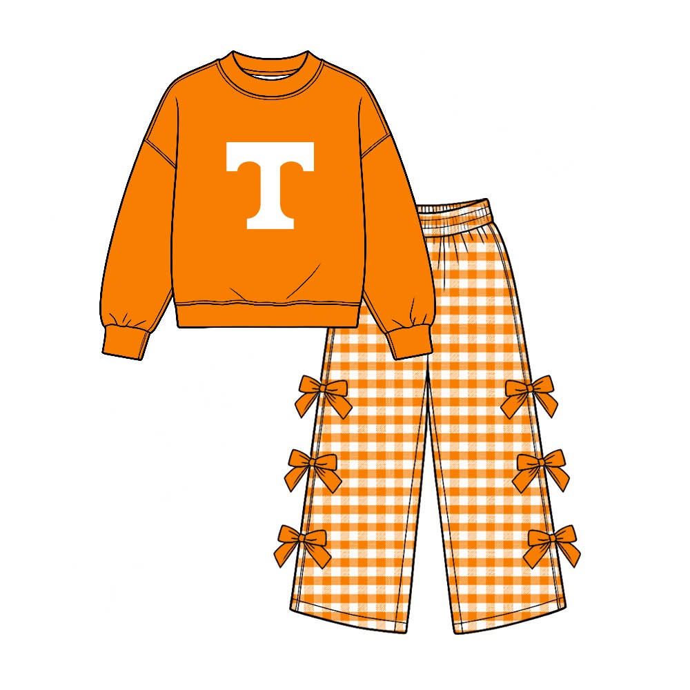 Preorder( 5 MOQ) Baby Girls Sport Team Tennessee Long Sleeve Top Gingham Pants Outfit