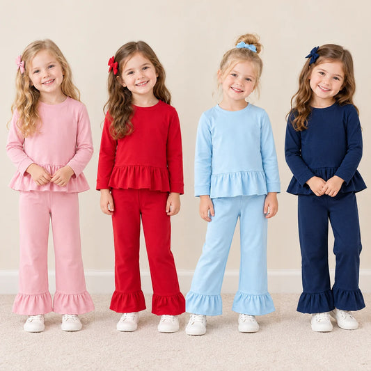 Sibling Kids Girls Solid Color Long Sleeve Tunic Top Ruffle Pants Outfit