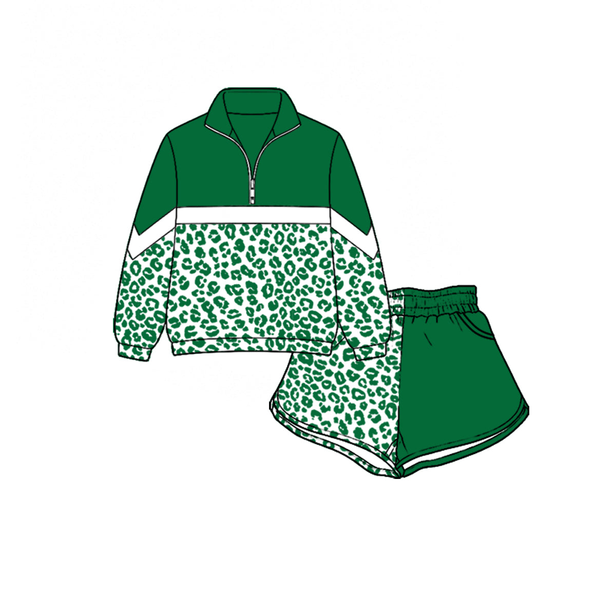 (Custom Design Preorder MOQ 5) Teams Green Leopard Zipper Pullover Top Split Shorts Girls Kids Clothes Set