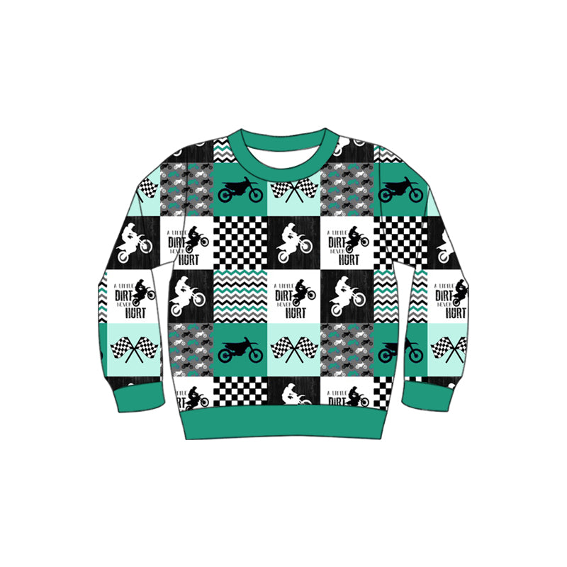(Custom Design Preorder MOQ 5) Motorcycle Plaid Green Print Kids Long Sleeve Tee Shirts Top