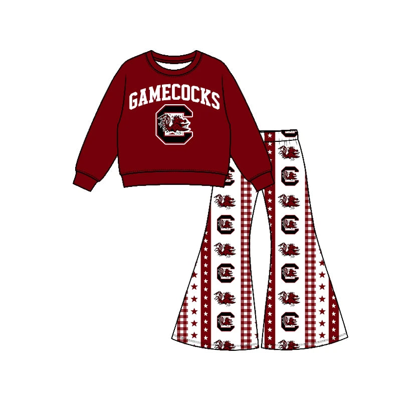 Preorder( 5 MOQ) Baby Girls Sport Team Gamecocks Long Sleeve Top Bell Bottom Pants Outfit