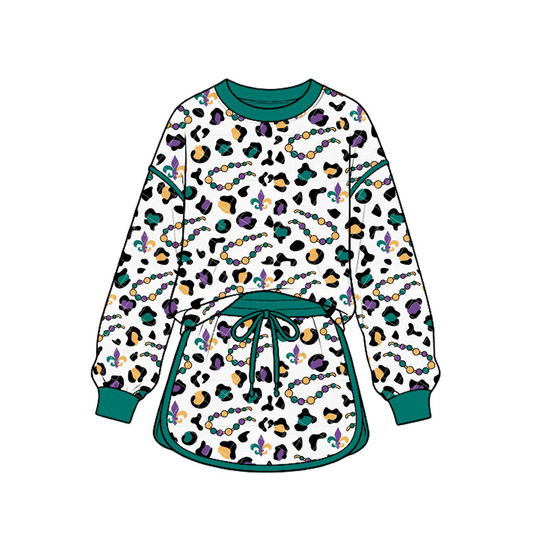(Custom Design Preorder MOQ 5 Each) Anchor Leopard Print Girls Mardi Gras Clothes Set Sisters Wear