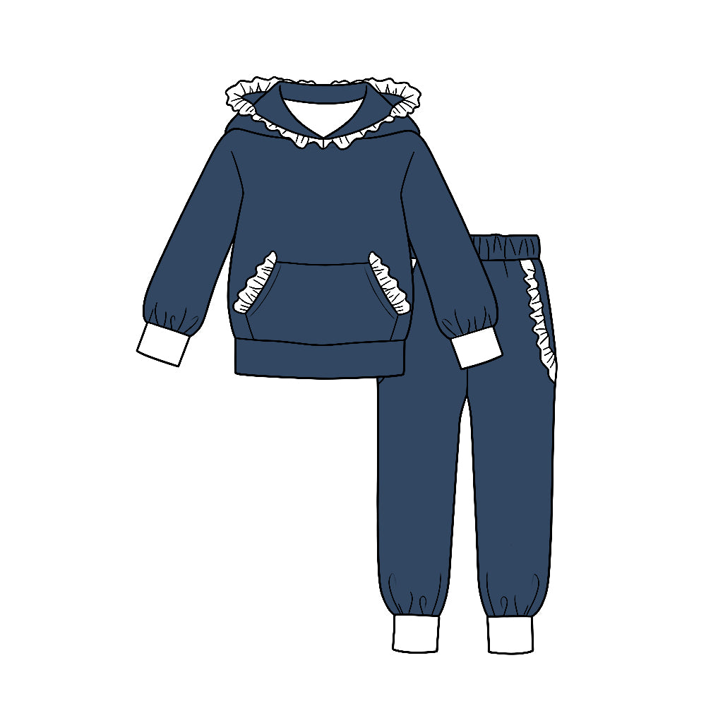(Custom Design Preorder MOQ 5) Navy Cotton White Ruffles Hoodie Top Pockets Joggers Pants Girls Clothes Set