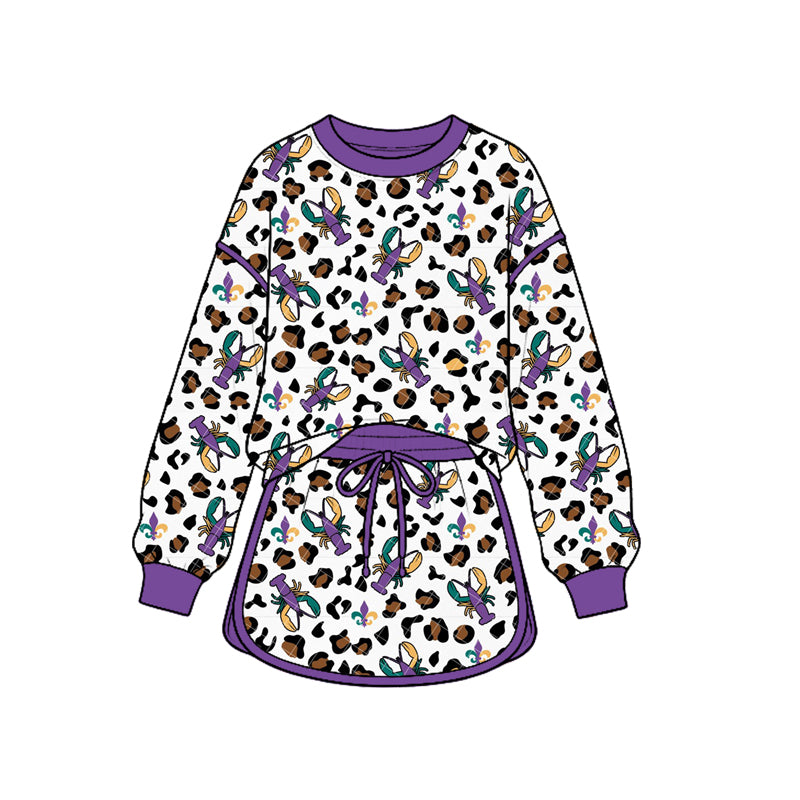 (Custom Design Preorder MOQ 5 Each) Crayfish Leopard Print Girls Mardi Gras Clothes Set Sisters Wear