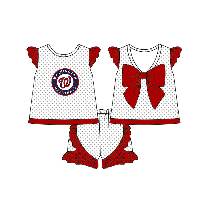 Preorder (moq 5)Baby Girls Nationals Polka Dots Back Bow Tunic Ruffle Shorts Team Clothes Sets