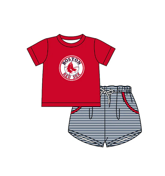 (Custom Preorder MOQ 5) Baby Boys Boston Red Sox Top Pockets Stripe Short Team Clothes Set
