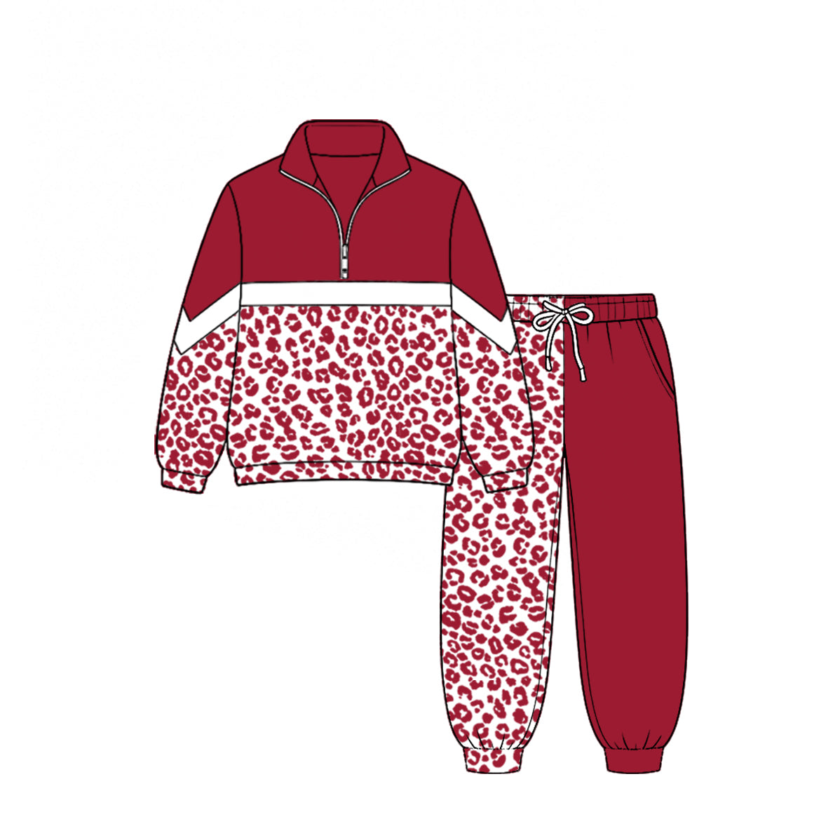 (Custom Design Preorder MOQ 5) Teams Red Leopard Zipper Pullover Top Split Joggers Pants Girls Kids Fall Clothes Set