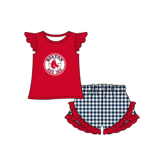 (Custom Preorder MOQ 5) Baby Girls Boston Red Sox Top Checked Ruffle Short Team Clothes Set