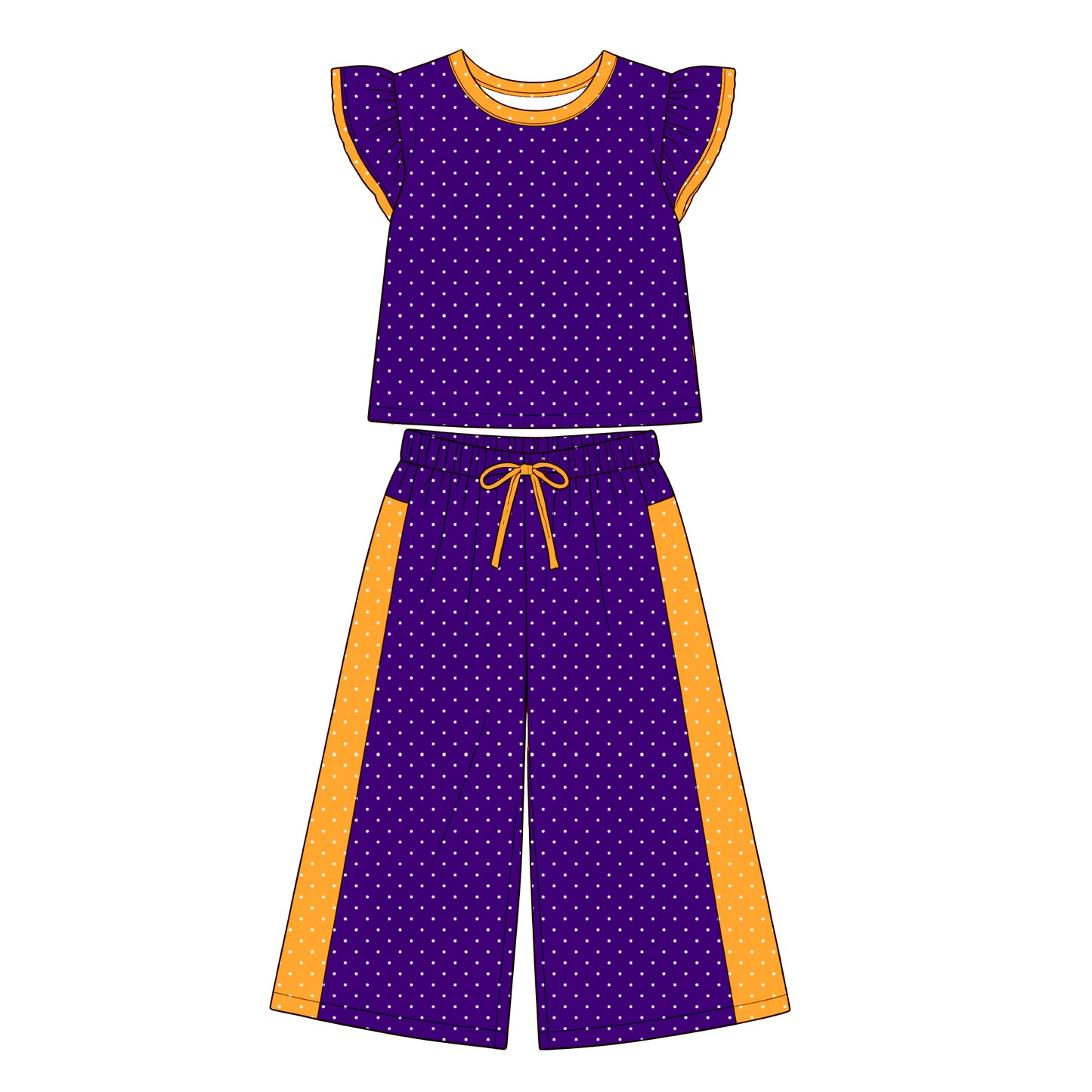 (Custom Design Preorder MOQ 5) Teams Purple Polka Ruffle Sleeve Top with Wide Pants Outfit