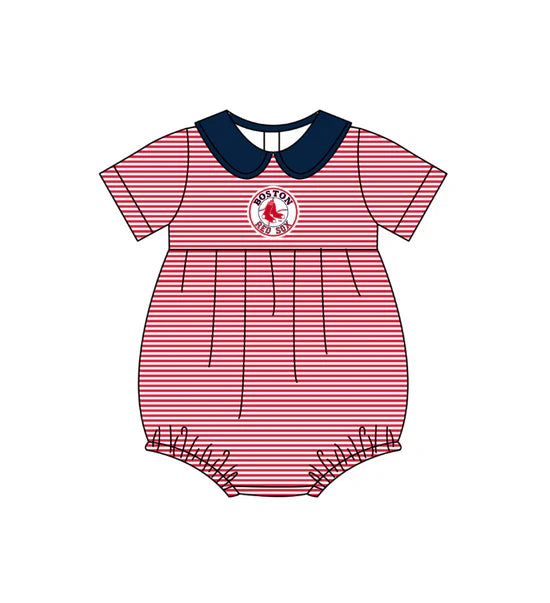 (Custom Preorder MOQ 5) Baby Girls Short Sleeve Boston Red Sox Team Ruffle Rompers