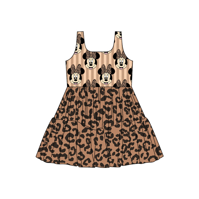 (Custom Design Preorder MOQ 5) Cartoon Mouse Leopard Stripes Girls Sleeveless Dress