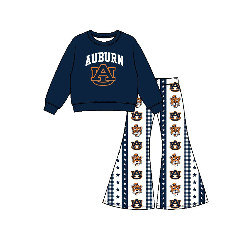 Preorder( 5 MOQ) Baby Girls Sport Team Auburn Long Sleeve Top Bell Bottom Pants Outfit