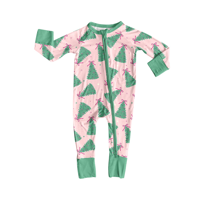 (Custom Design Preorder MOQ 5 ) Tree Bows Print Baby Girls Christmas Zipper Sleeper Romper