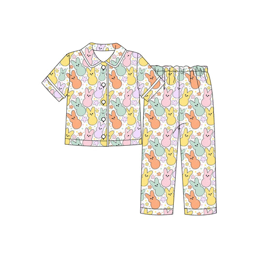 (Custom Design Preorder MOQ 5 Each)Bunny Colorful Print Girls Easter Buttons Pajamas Clothes Set Sisters Wear