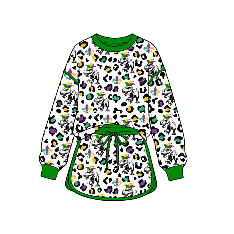 (Custom Design Preorder MOQ 5 Each) Dino Colorful Leopard Print Girls Mardi Gras Clothes Set Sisters Wear