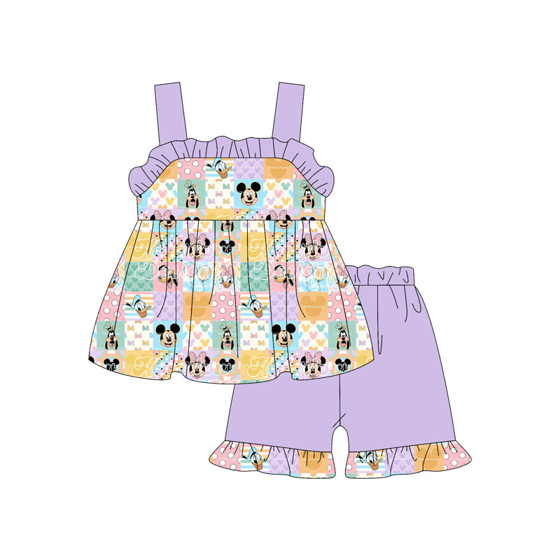 (Custom Design Preorder MOQ 5) Colorful Plaid Cartoon Mouse Tunic Top Purple Shorts Girls Summer Outfits