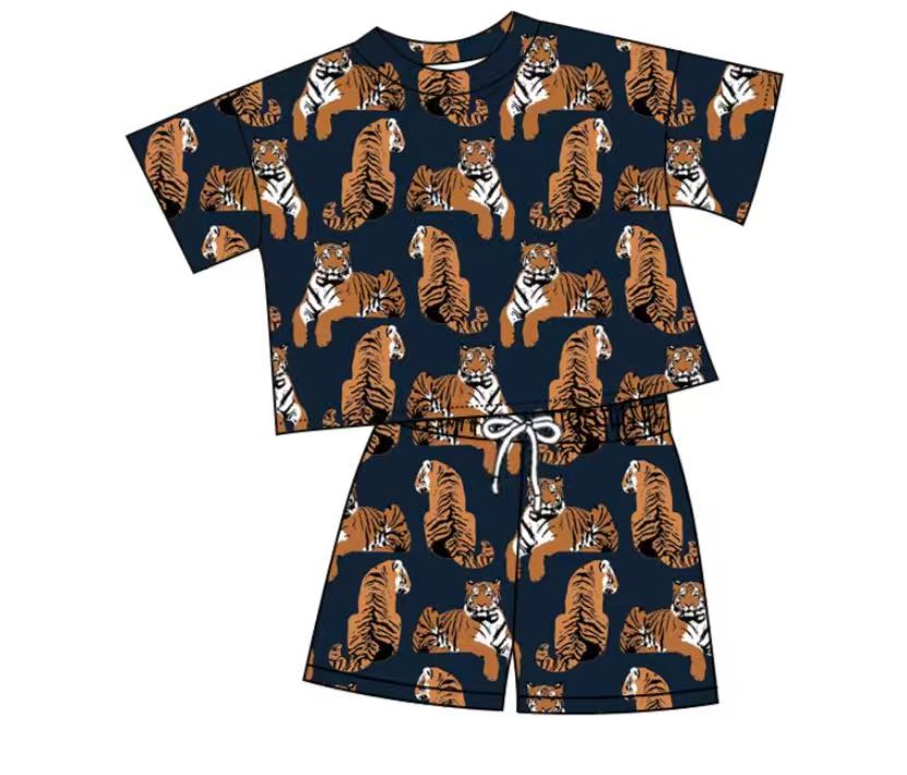 (Custom Design Preorder MOQ 5) Tiger Black Print Kids Summer Clothes Set