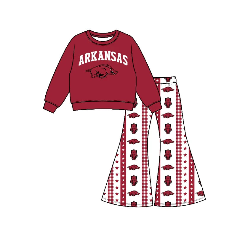 Preorder( 5 MOQ) Baby Girls Sport Team Arkansas Long Sleeve Top Bell Bottom Pants Outfit