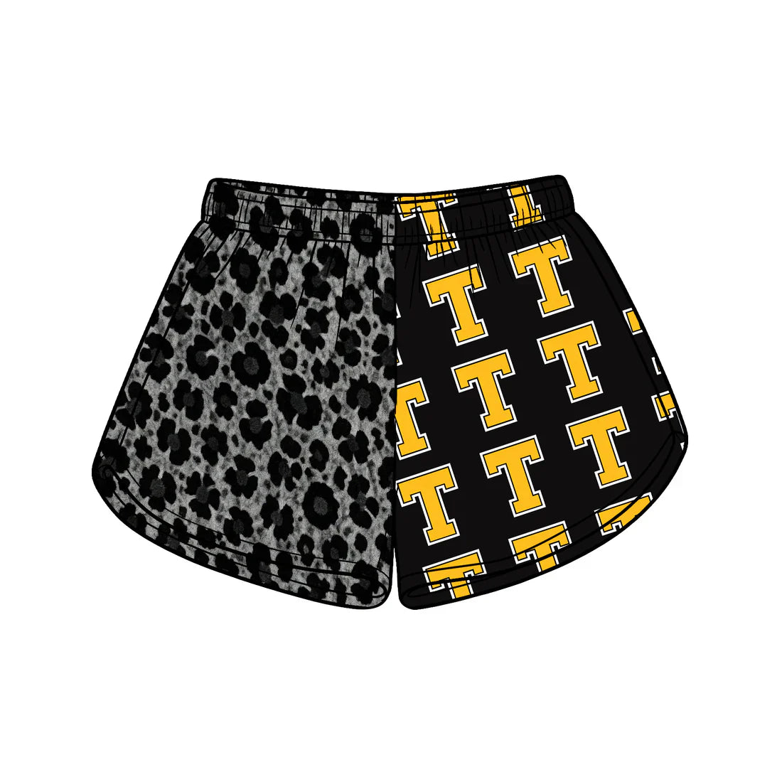 (Custom Preorder MOQ 5) Baby Girls Black Leopard T Team Shorts Bottom