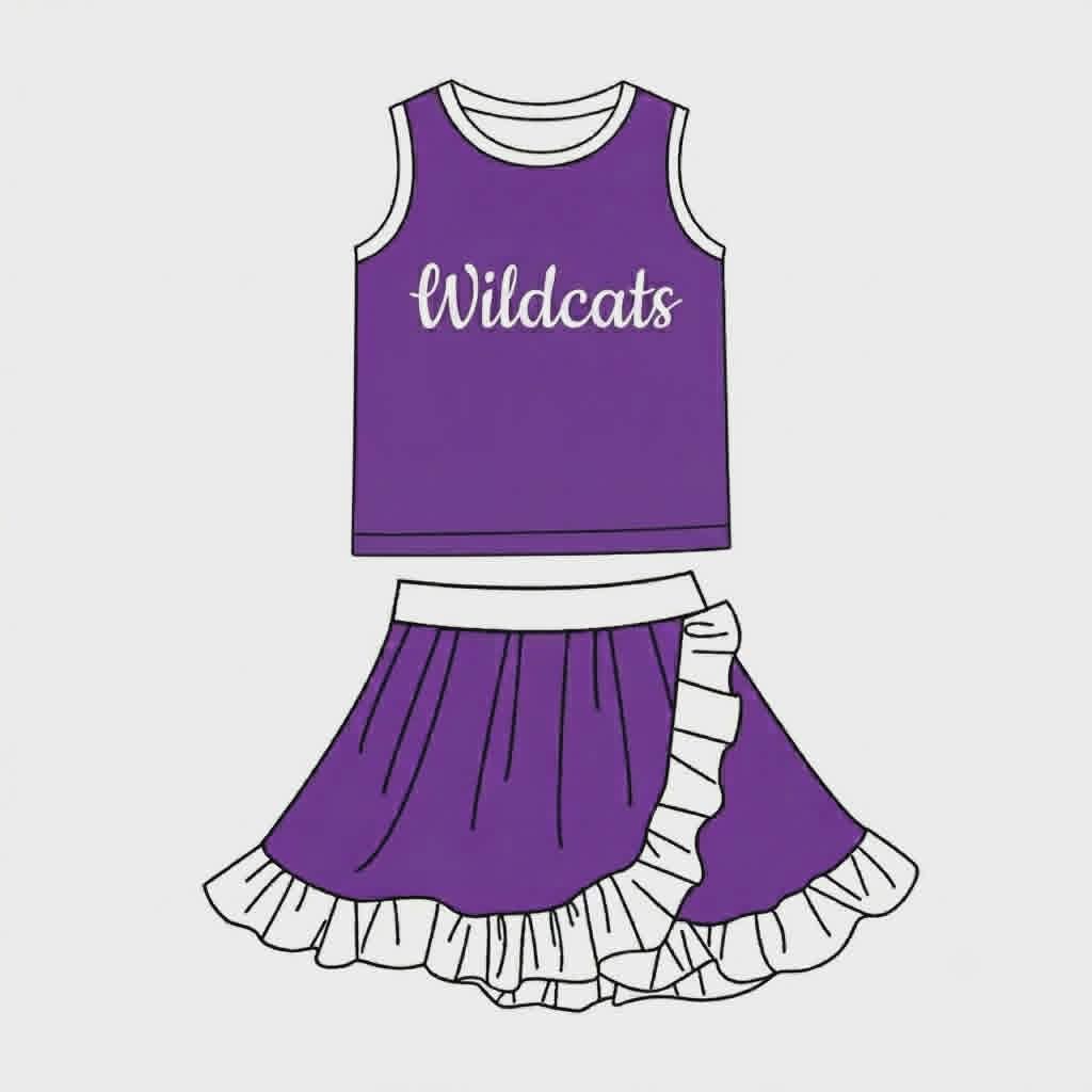 (Custom Design Preorder MOQ 5) Teams Wildcats Purple Vest Top Ruffles Skort Girls Summer Cheer Clothes Set