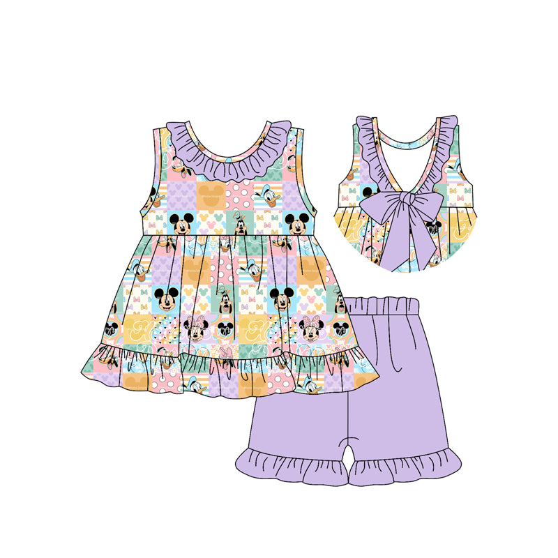 (Custom Design Preorder MOQ 5) Colorful Plaid Cartoon Mouse Backless Tunic Top Purple Shorts Girls Summer Outfits