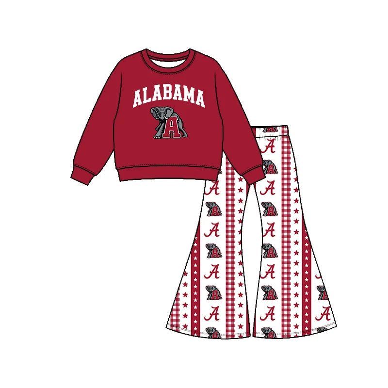 Preorder( 5 MOQ) Baby Girls Sport Team Alabama Long Sleeve Top Bell Bottom Pants Outfit