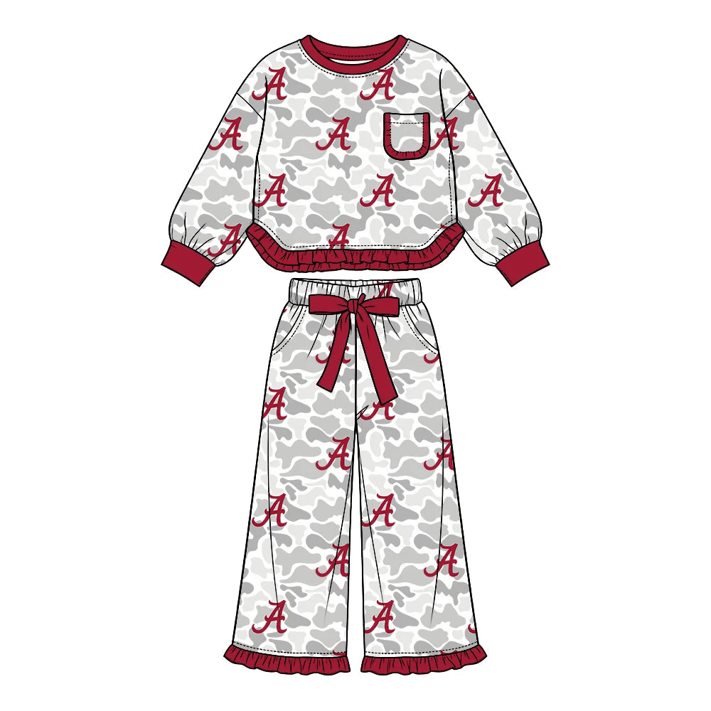 Preorder( 5 MOQ) Baby Girls Sport Team Alabama Camo Long Sleeve Wide Pants Outfit