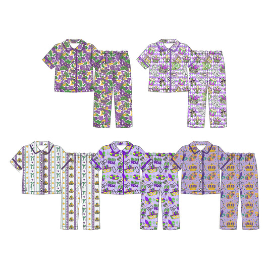 (Custom Design Preorder MOQ 5 Each)Mask Print Girls Mardi Gras Buttons Pajamas Clothes Set Sisters Wear